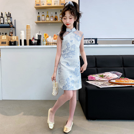 女童旗袍2025夏季新款中国风高端洋气儿童大童白色纯棉无袖连衣裙