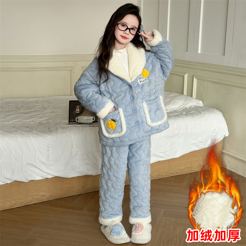 女童睡衣冬季三层夹棉加厚家居服