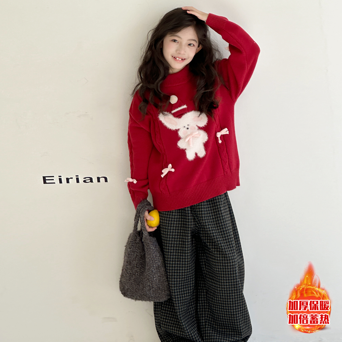 女童毛衣秋冬加厚红色针织毛线衣