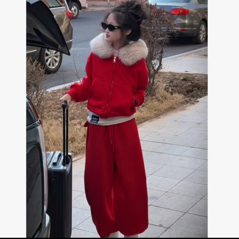 女童冬装套装加绒加厚红色新年服