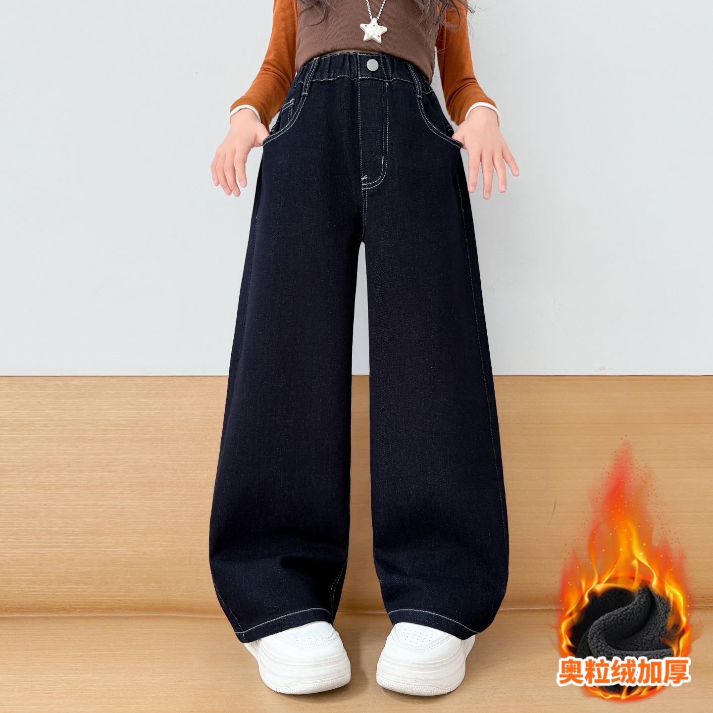 女童加绒牛仔裤子冬装儿童一体绒