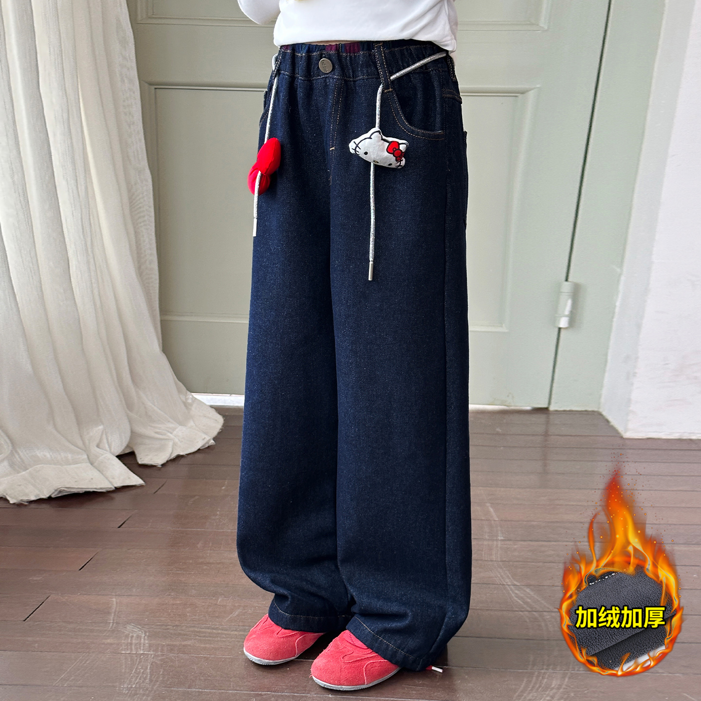 女童加绒牛仔裤儿童直筒裤子冬装