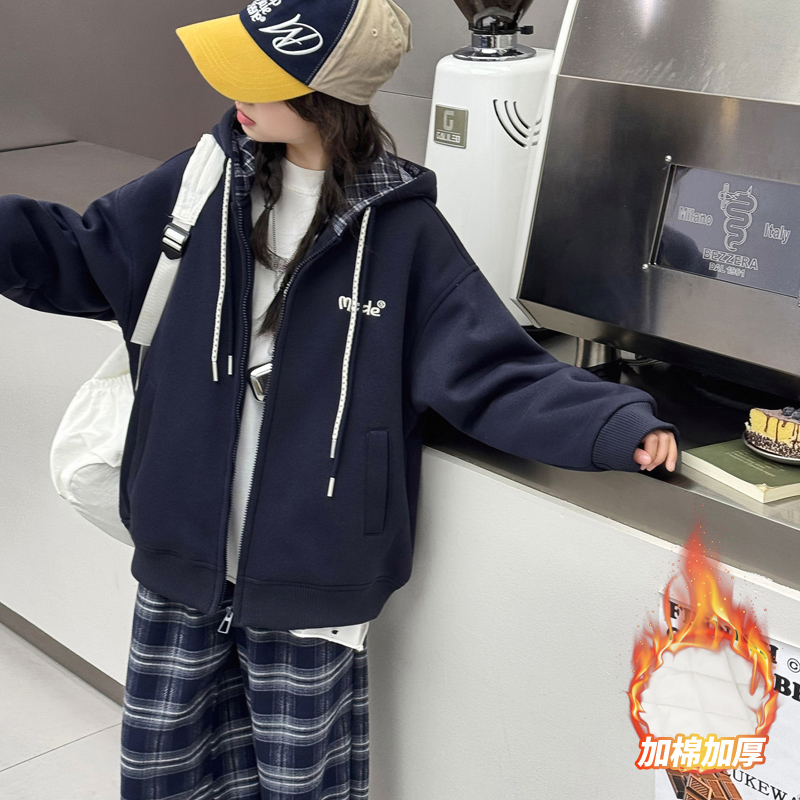 女童夹棉外套秋冬季儿童连帽上衣