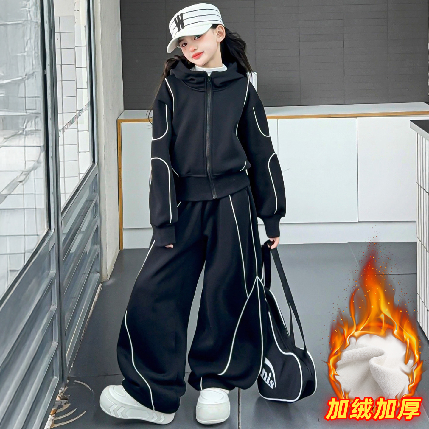 女童套装加绒冬装儿童黑色运动服