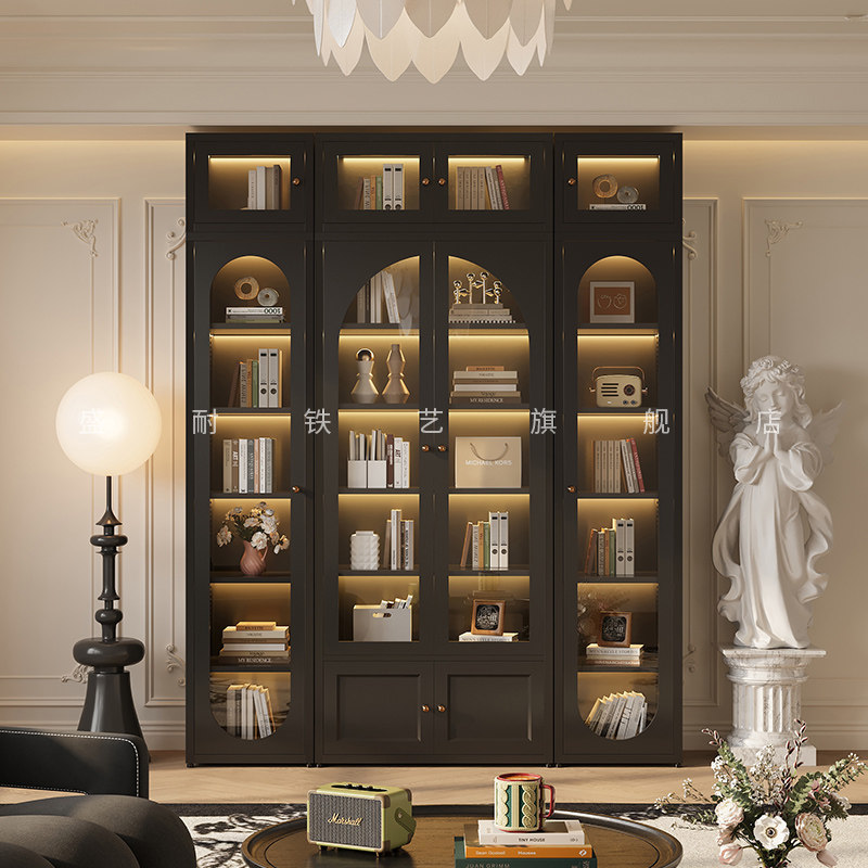 复古风落地书柜铁艺家用黑色收纳柜客厅靠墙带门展示柜置物储物柜