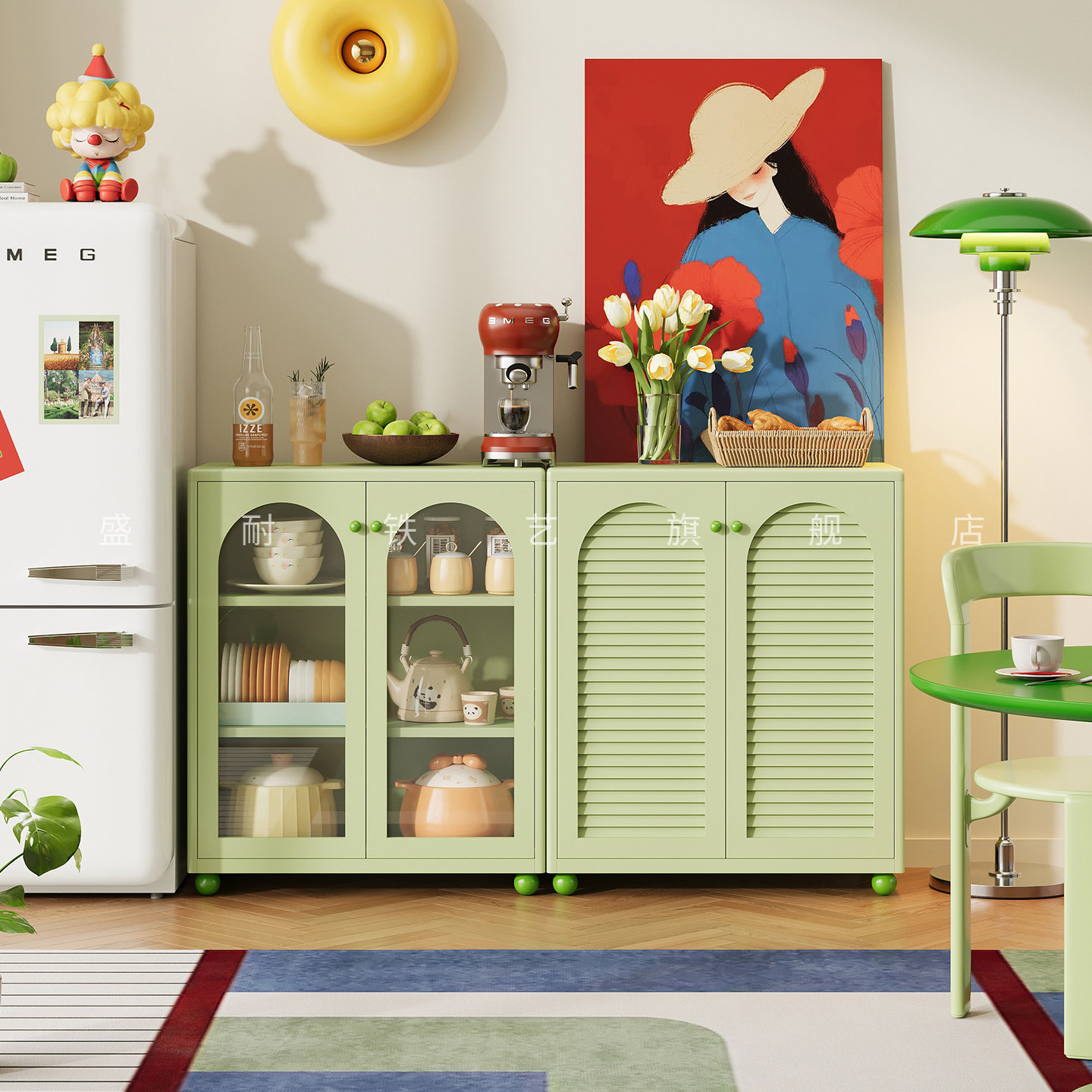 新款铁艺餐边柜客厅铁艺柜子置物柜沙发边金属边柜靠墙一体储物柜