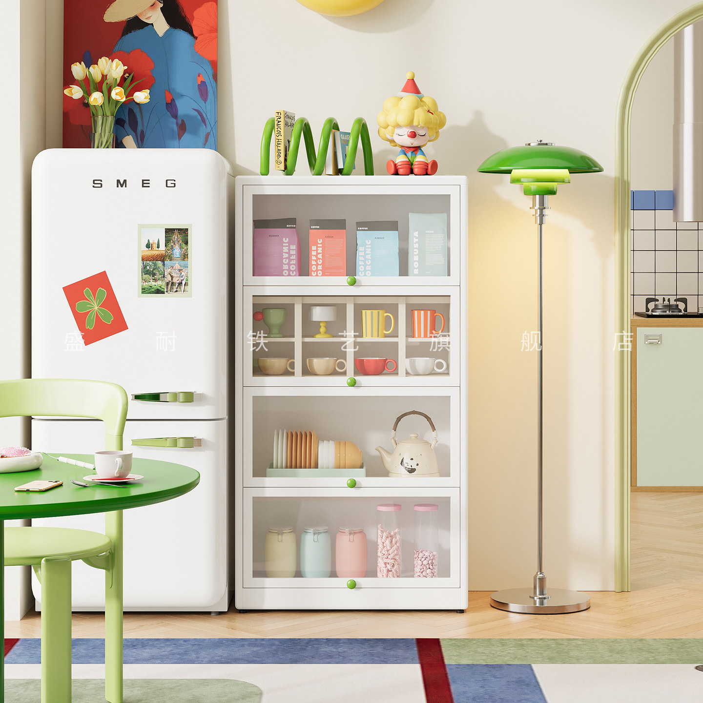 新款铁艺餐厅餐边柜靠墙一体储物柜客厅落地水杯零食置物柜收纳柜