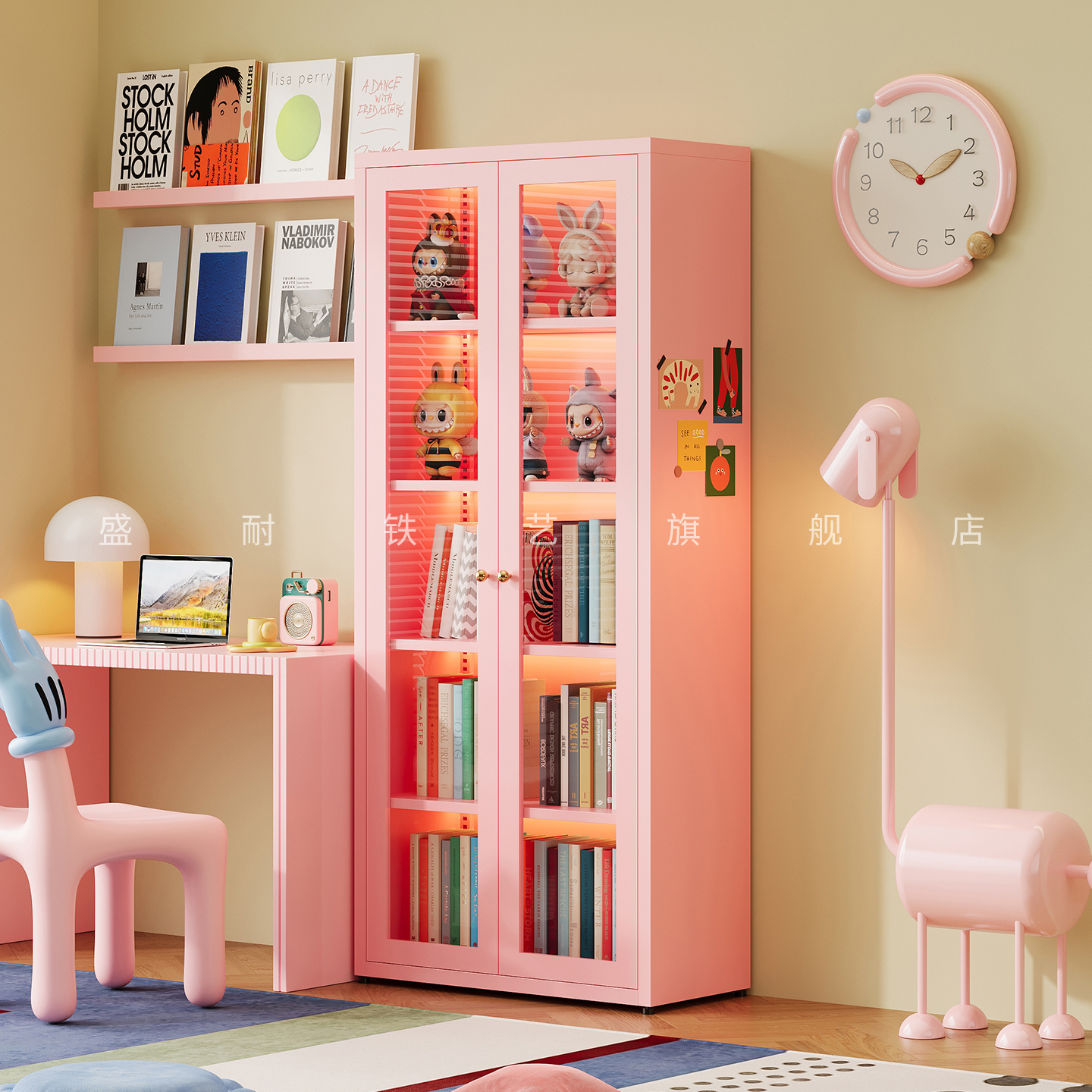 粉色书柜儿童旁边落地书架展示柜