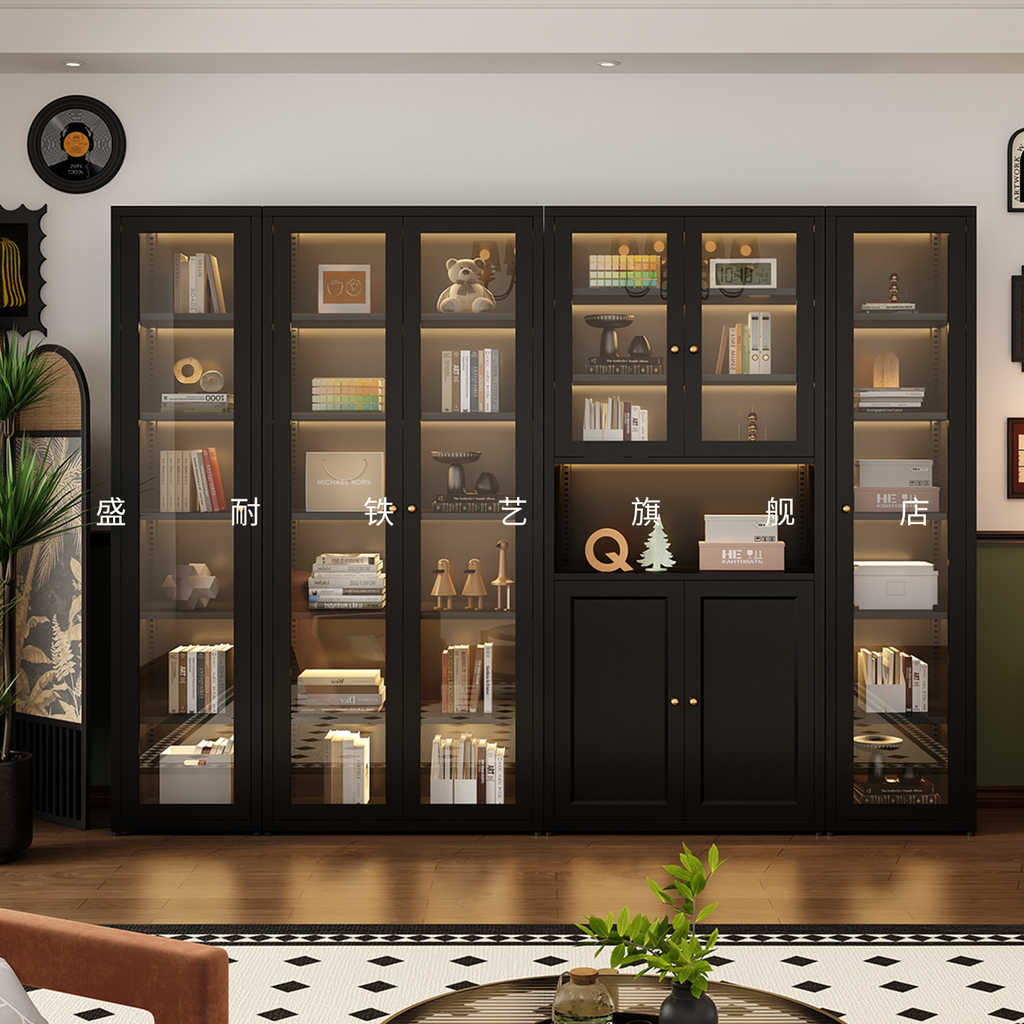 黑色2米高书柜长虹玻璃现代简约法式复古风书架客厅展示柜储物柜