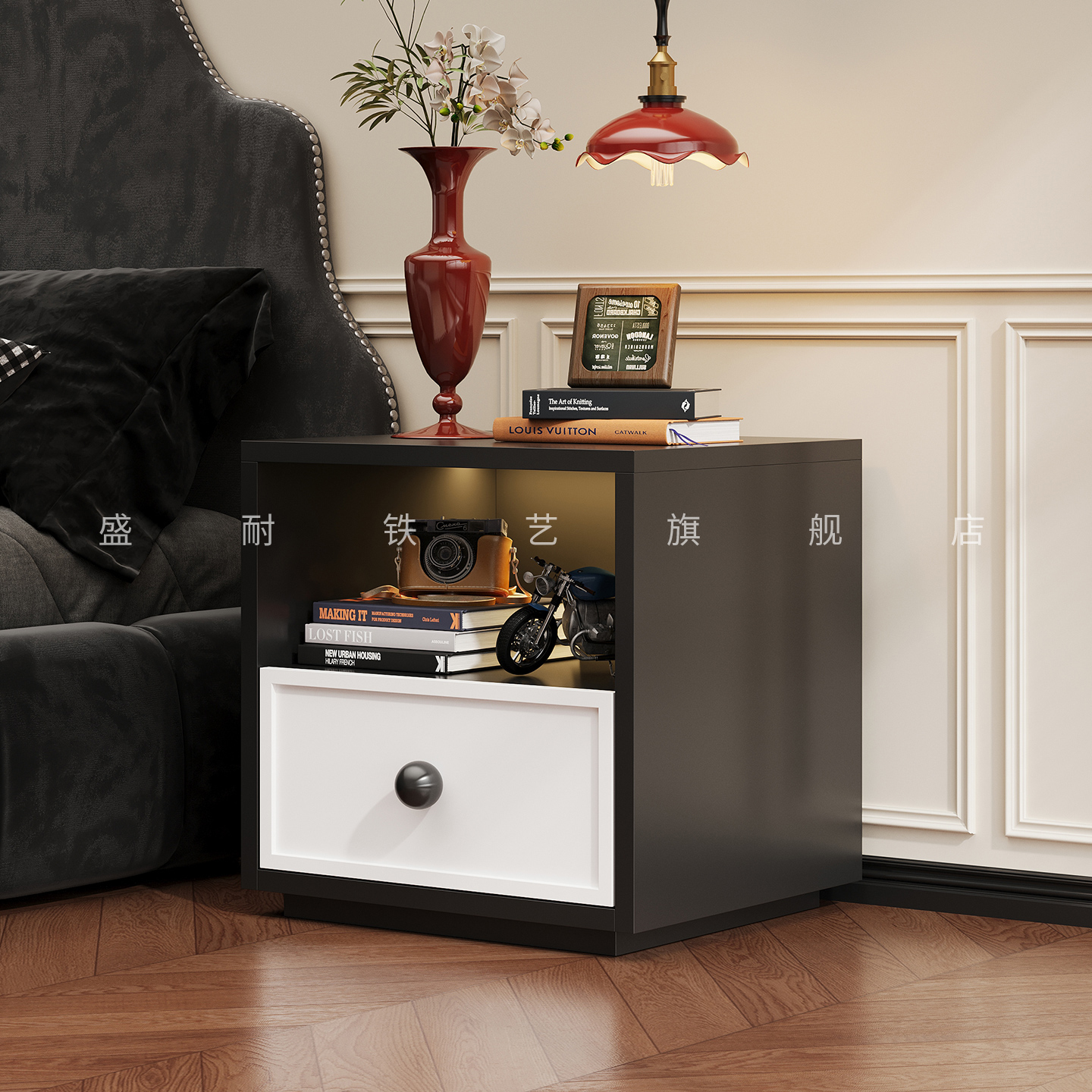 钢制复古风床头柜置物架家用卧室斗柜沙发旁边收纳铁皮柜储物柜子 - 封面