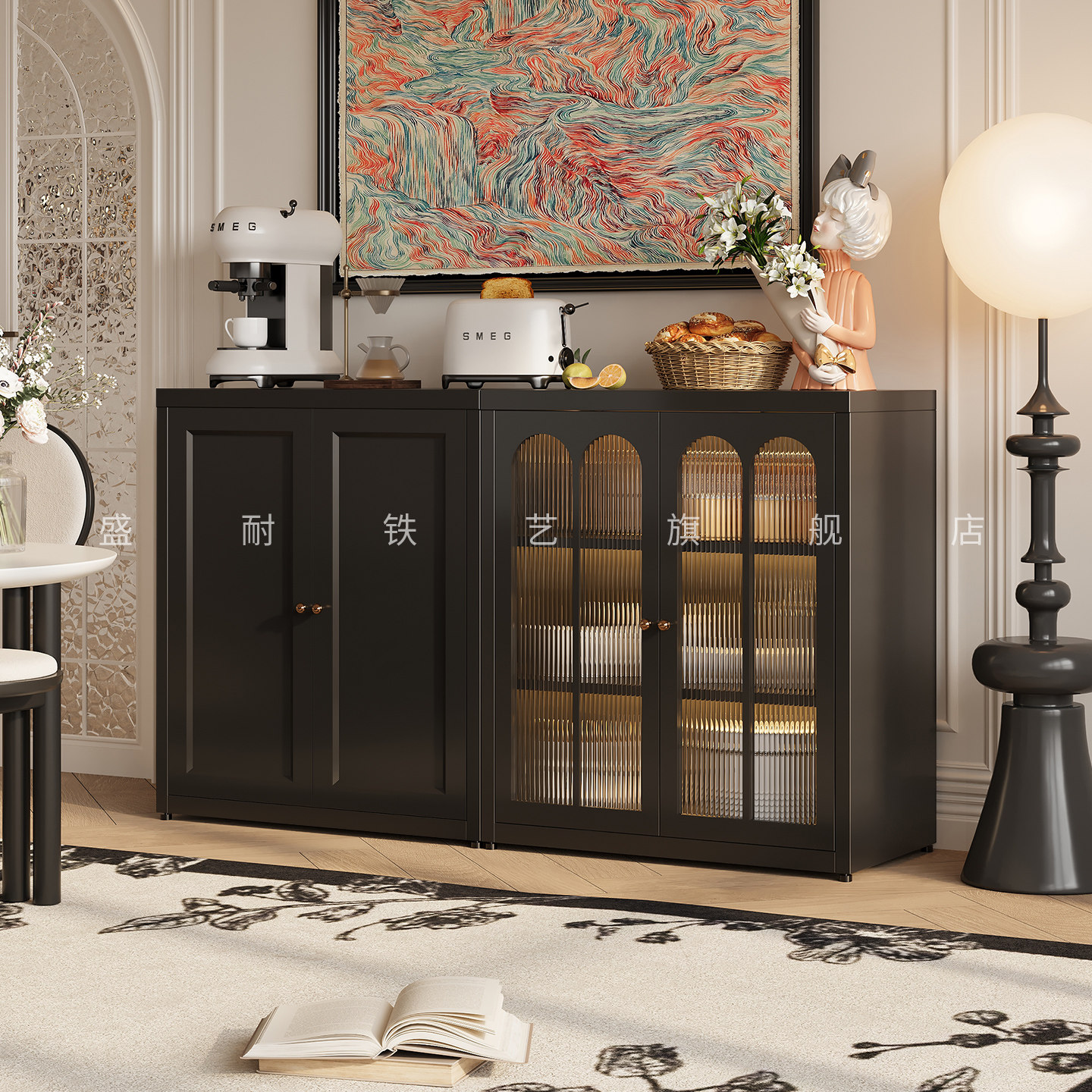 法式复古风组合餐边柜现代简约厨房落地置物柜储物柜客厅边柜酒柜