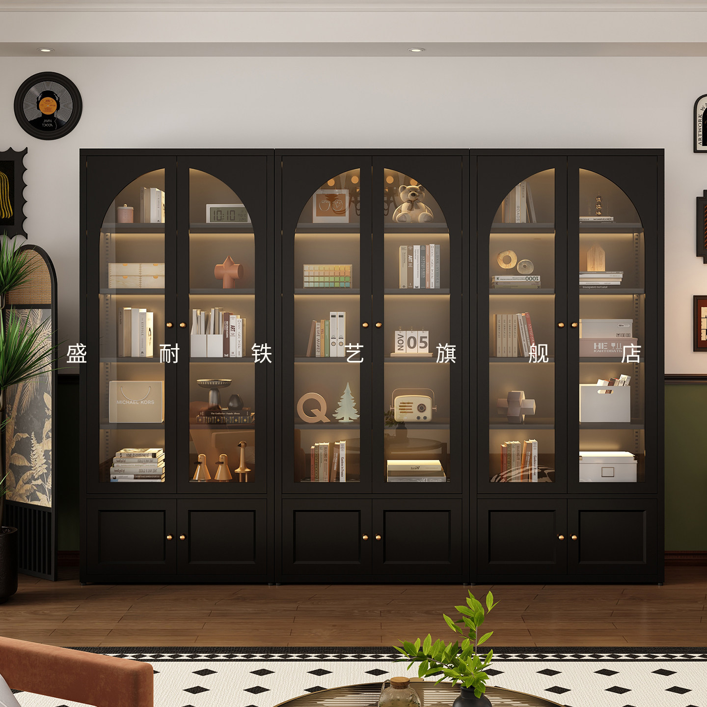 网红2米高书柜长虹玻璃现代简约法式复古风书架客厅展示柜储物柜