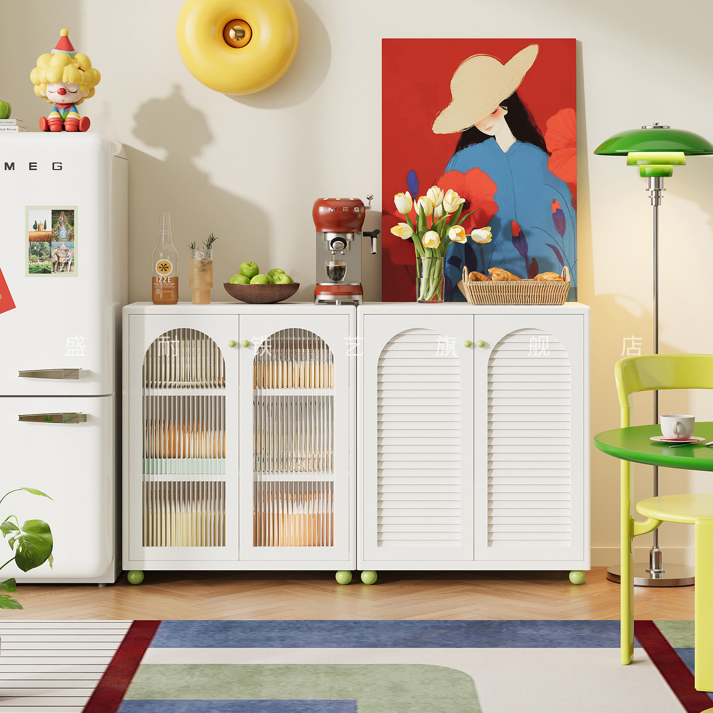 铁艺餐边柜带玻璃门客厅储物柜防尘金属展示柜沙发边墙边置物柜子