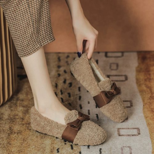 毛毛鞋女冬外穿2025新款蝴蝶结加绒一脚蹬豆豆棉鞋大尺码女鞋41到