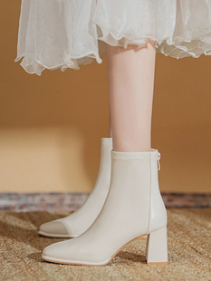 高跟短靴女2025新款秋冬加绒单靴小羊皮小个子增高粗跟弹力瘦瘦靴