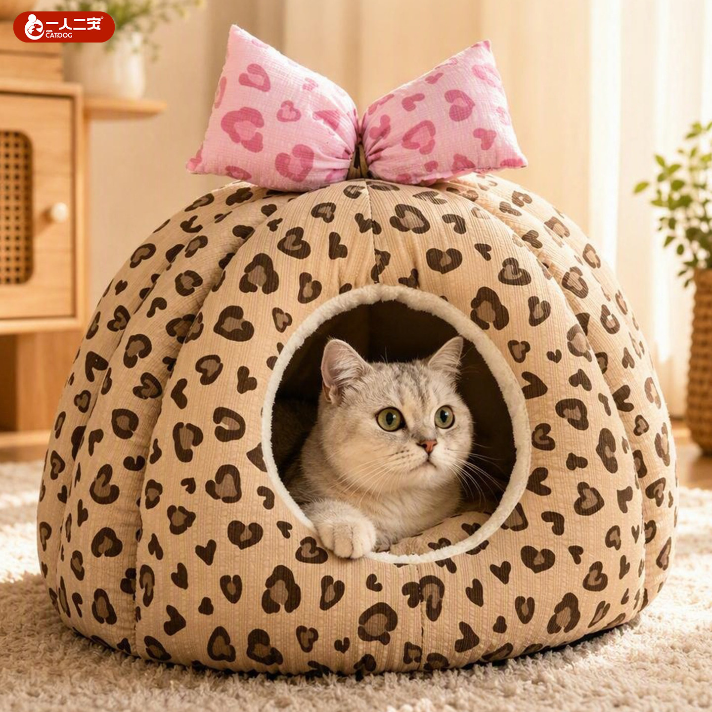 豹纹猫窝冬季加厚狗窝四季通用半封闭式安全感冬宠物窝保暖屋用品