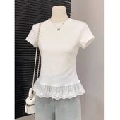 蕾丝t恤法式 纯欲正肩花边拼接短袖 女2026夏季 春季 新款 好看减0205k