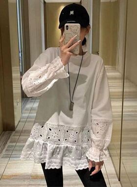 春季蕾丝t恤白色德绒磨毛拼接长袖女镂空荷叶边宽松配鲨鱼裤0205k