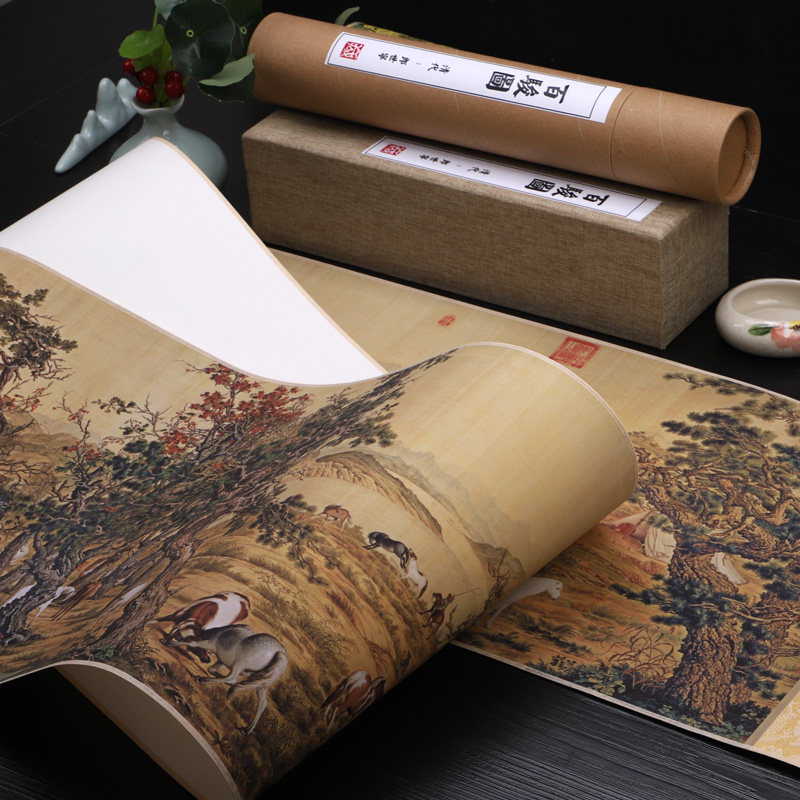 郎世宁百骏图高清艺术微喷宣纸绢布打印装裱手卷轴装饰画百马图