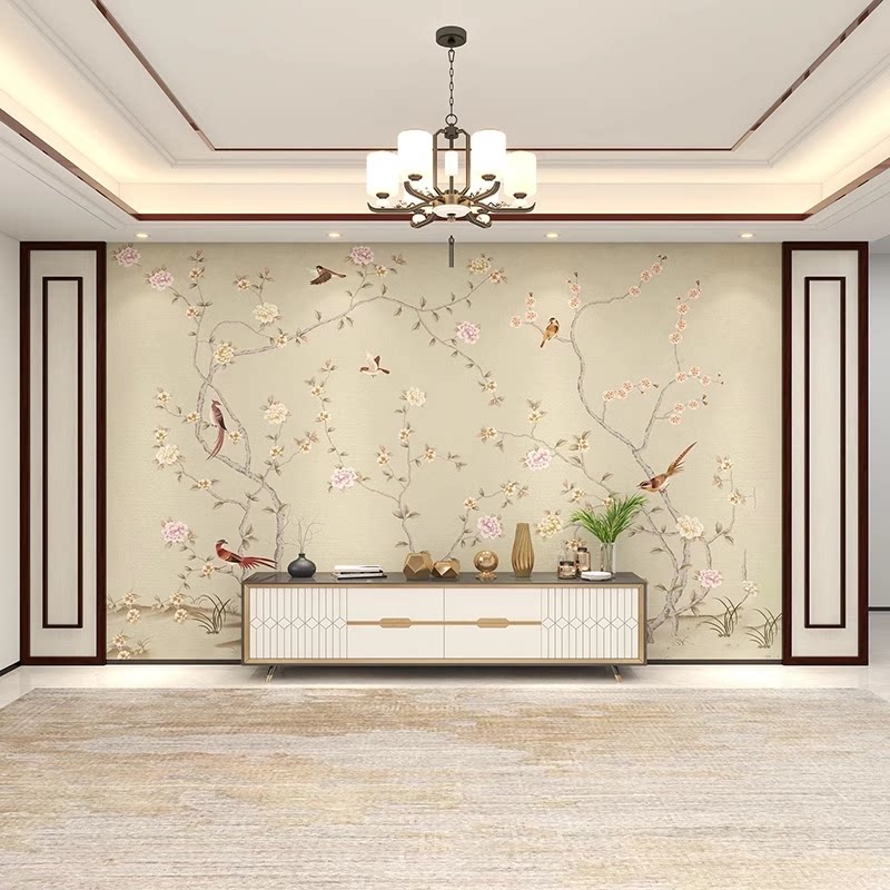 现代简约花鸟墙纸新中式墙布客厅卧室电视背景墙壁纸壁布影视壁画
