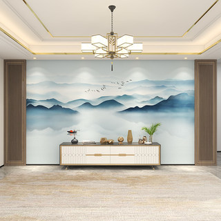 新中式大气山水电视背景墙壁纸意境水墨客厅沙发影视墙布定制壁画