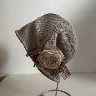 叱咤风手工花朵灰色堆堆帽亚麻夏季透气薄款针织帽包头帽套头帽女
