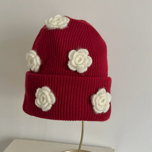 手工钩织现货玫瑰花小众自制毛线帽灰色红色洋气设计师款羊毛帽女