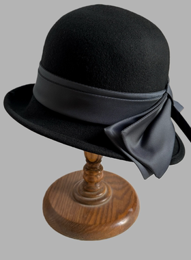 优雅精致蝴蝶结不规则女士秋冬礼帽羊毛呢盆帽渔夫帽黑色英伦风