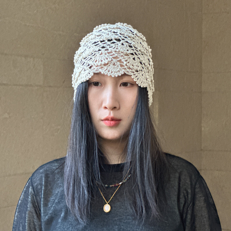 针织帽夏季薄款透气花边复古包头帽堆堆帽子女士洋气手工制作春