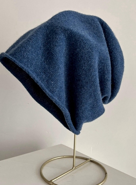 冬季日本蓝色堆堆帽加大号男女冷帽套头帽米色羊毛休闲针织毛线帽