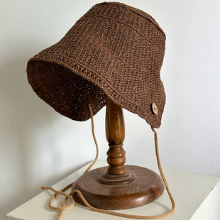 手工编织渔夫帽草帽大头围遮阳帽子文艺镂空女仆帽咖色可折叠防晒