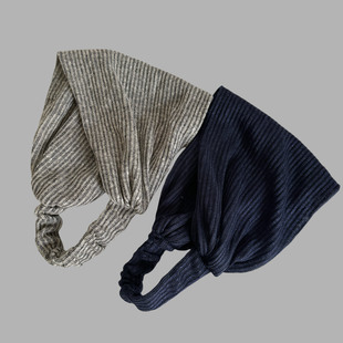 透气包头帽遮白发亚麻针织透气发带洋气复古不勒头蓝灰色堆堆帽