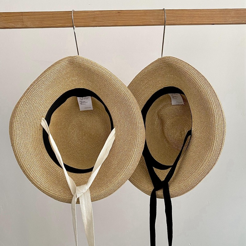 卷边草帽女士丝带系带日系渔夫帽遮阳帽夏季网红防晒帽踏春帽子