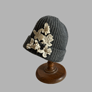 手工蕾丝花朵女士灰色洋气韩版毛线帽针织帽保暖户外洋气帽子秋冬