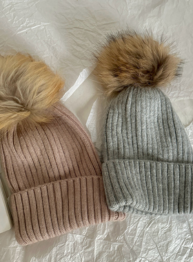 百搭狐狸毛绒球针织帽兔毛卷边灰色包头毛线帽冬季滑雪帽子时尚款