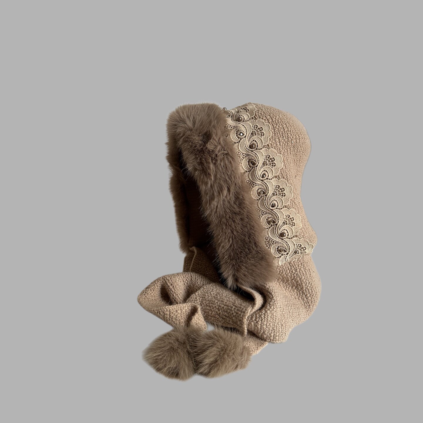 加厚巴拉克拉围巾帽子一体蕾丝带珍珠装饰洋气加厚保暖冬季女士帽