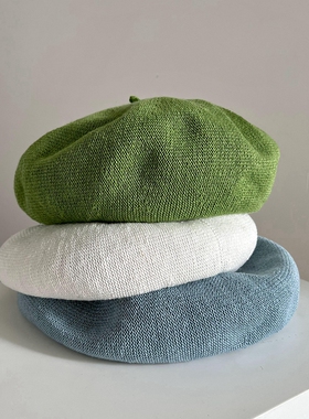 白色绿色浅蓝色亚麻透气薄款春夏贝雷帽时尚英伦风复古蓓蕾帽女士