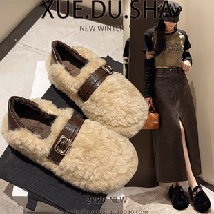 厚底增高毛毛鞋女外穿2025新款秋冬一脚蹬两穿豆豆鞋毛绒雪地棉鞋