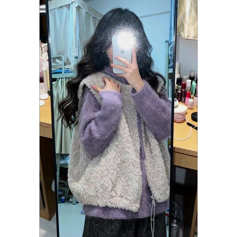 慵懒风软糯紫色连帽针织上衣马甲外套女2025秋冬新款休闲马夹套装