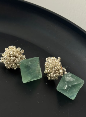 小众设计手作串珠天然绿萤石进口米珠耳钉耳环耳饰清冷感气质耳坠