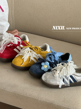 真皮秋新款儿童复古蕾丝珍珠蝴蝶结德训鞋女童防滑女孩阿甘运动鞋