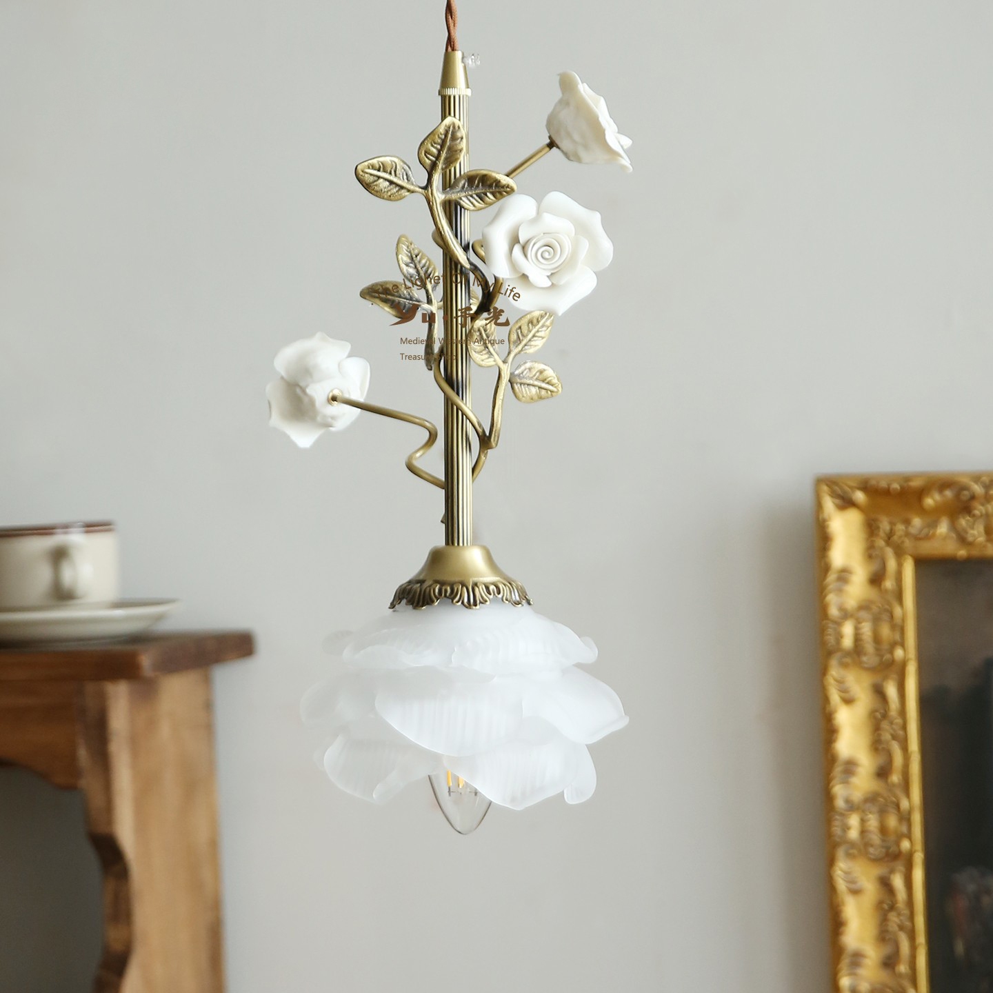 法式复古卧室床头吊灯氛围玫瑰花朵复古全铜艺术餐厅吧台小吊灯具