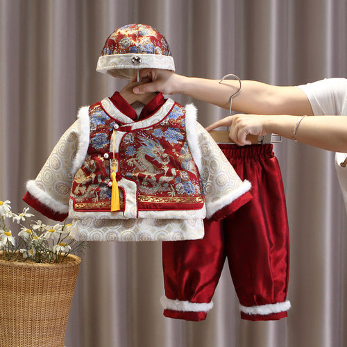 拜年服唐装男童周岁礼服男宝宝抓周服秋冬喜庆新年装过年衣服女童