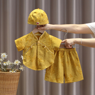 新中式周岁男宝宝礼服夏季婴儿男百天抓周衣服女宝宝国风短袖套装