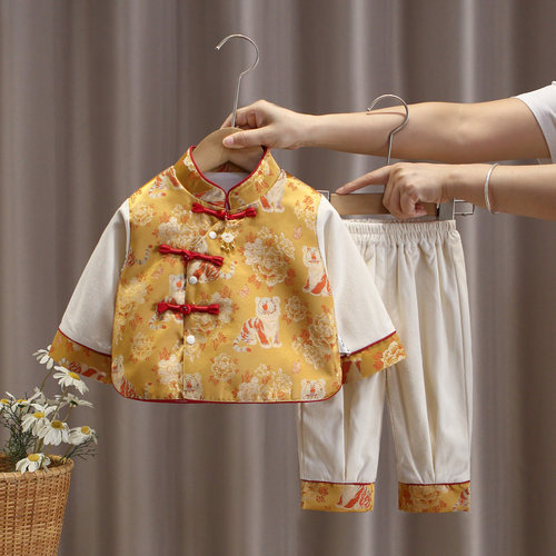 宝宝一周岁抓周服百天生日宴新中式周岁服礼服春秋新款唐装婴儿服