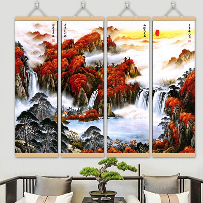 梅兰竹菊画新中式装饰画布艺挂画春夏秋冬国画客厅沙发背景墙壁画