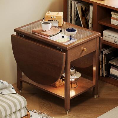 北欧实木可移动边几家用小推车茶几阳台客厅沙发边桌复古折叠角几
