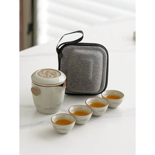 汝窑快客杯便携式 旅行茶具户外一壶两杯 陶瓷泡茶壶车载旅游茶具