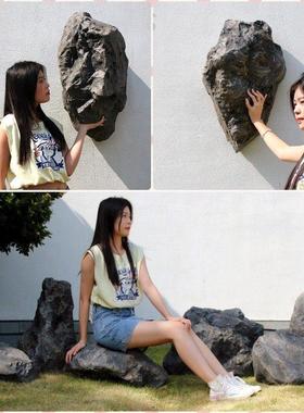 庭院青龙石彷真假石头墙面造景黑山石装饰商场室内悬浮石模型道具