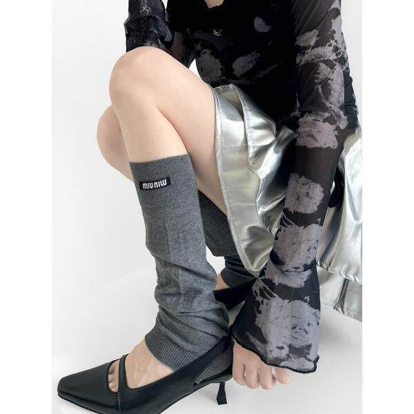 秋冬季miu系字母堆堆袜套宽松露脚趾半截小腿袜羊绒灰色腿套ins潮